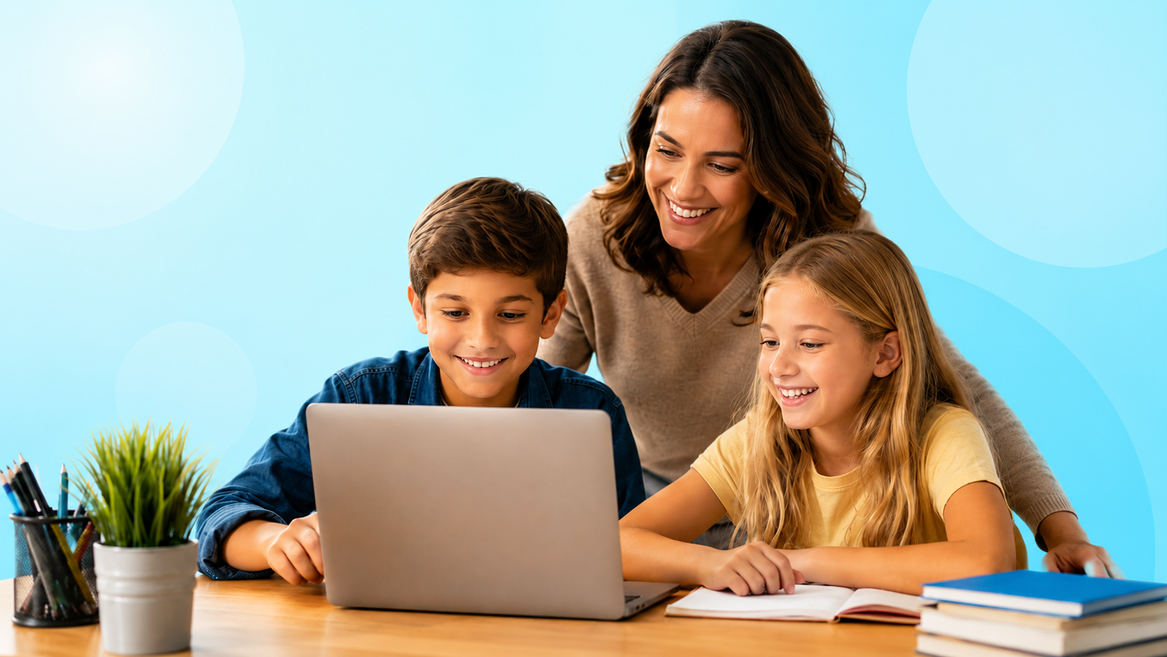 Familia acompañando el aprendizaje digital de su niño