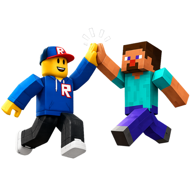 Personajes de Roblox y Minecraft celebrando