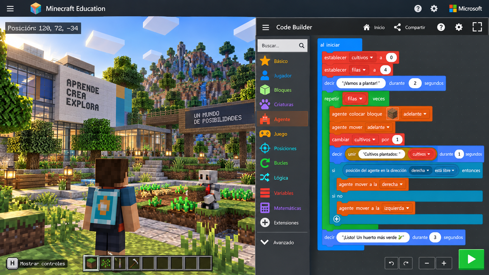 Minecraft Education con programación mediante Code Builder